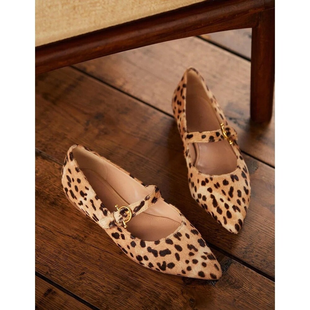 Boden Calf Hair Leopard Mary Jane Flats 38 US 7 Point Toe Buckle Shoes Cheetah